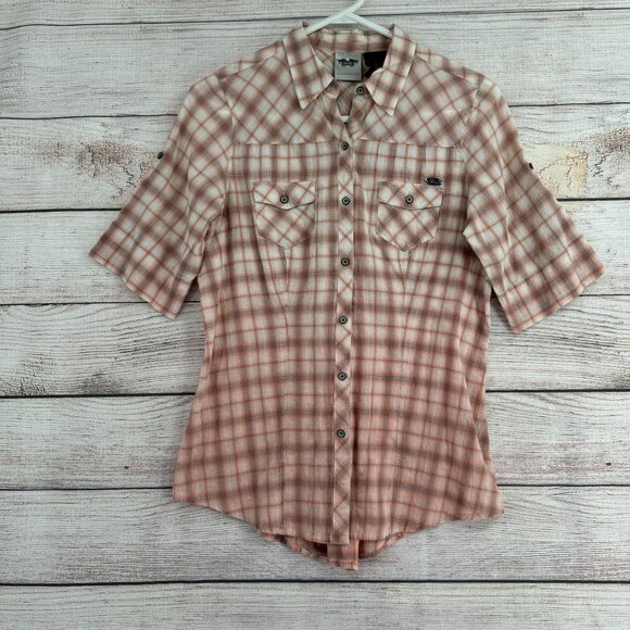 Harley Davidson Short Sleeve Back Button Down Shirt Womens Size Small Pink Plaid - Picture 1 of 11